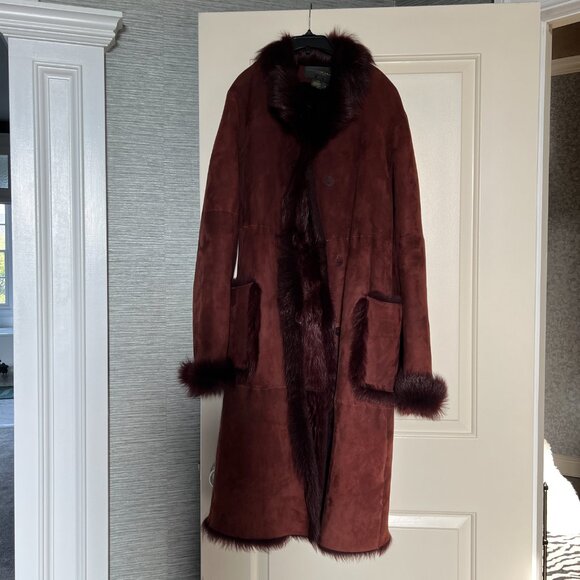 Rare DONNA KARAN SIGNATURE Brown/ Auburn Suede 100% Shearling Fur Coat Size 6 - Picture 2 of 16